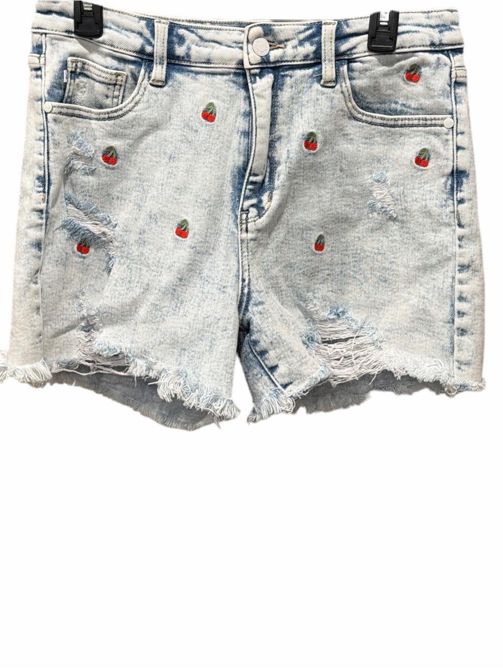 Judy Blue Cherry Embroidered Distressed Denim Shorts Light Wash Size Large - Picture 2 of 7